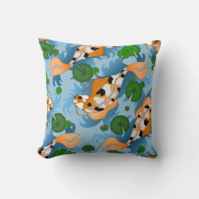 Splashing Koi Fish and Pond Lilies Custom Throw Pillow (Front)