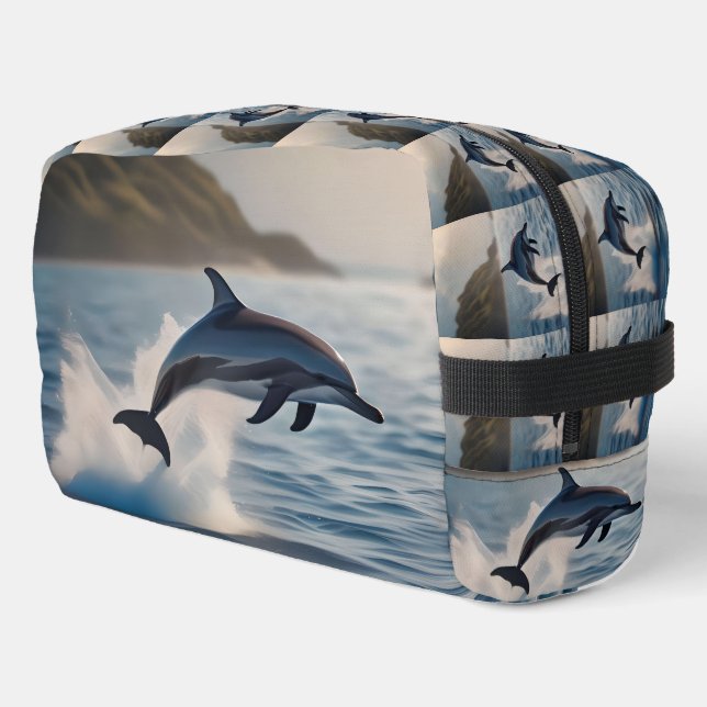 Splashing Leaping Dolphin: A Dance of Joy in Ocean Dopp Kit (Left Corner)