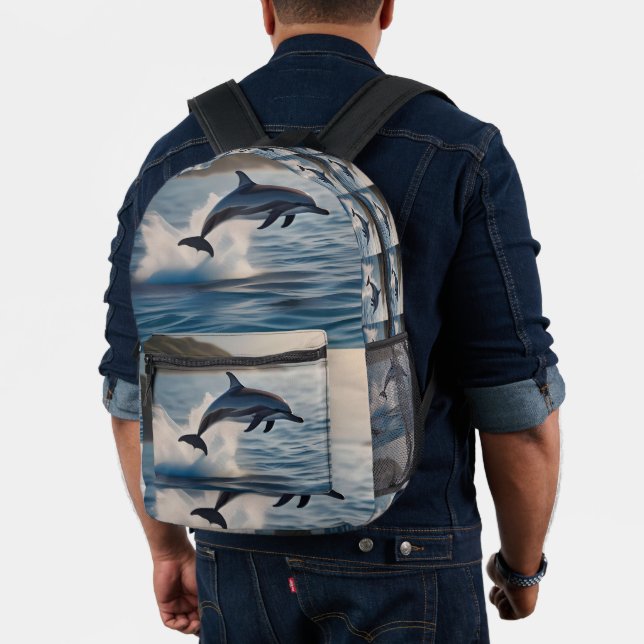 Splashing Leaping Dolphin: A Dance of Joy in Ocean Printed Backpack (Insitu (Model))
