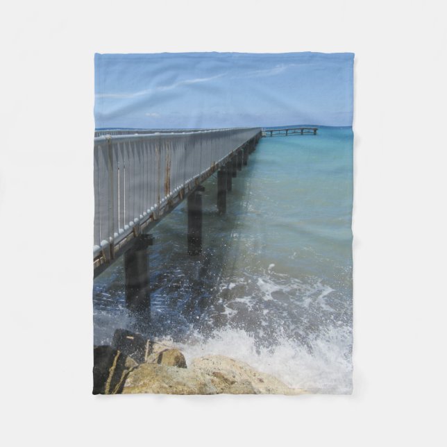 Splashing Waves on Wharf Design Fleece Blanket (Front)