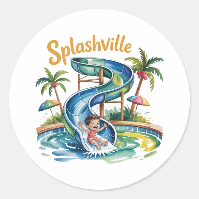 Splashville Water Slide Boy Birthday Party Classic Round Sticker (Front)
