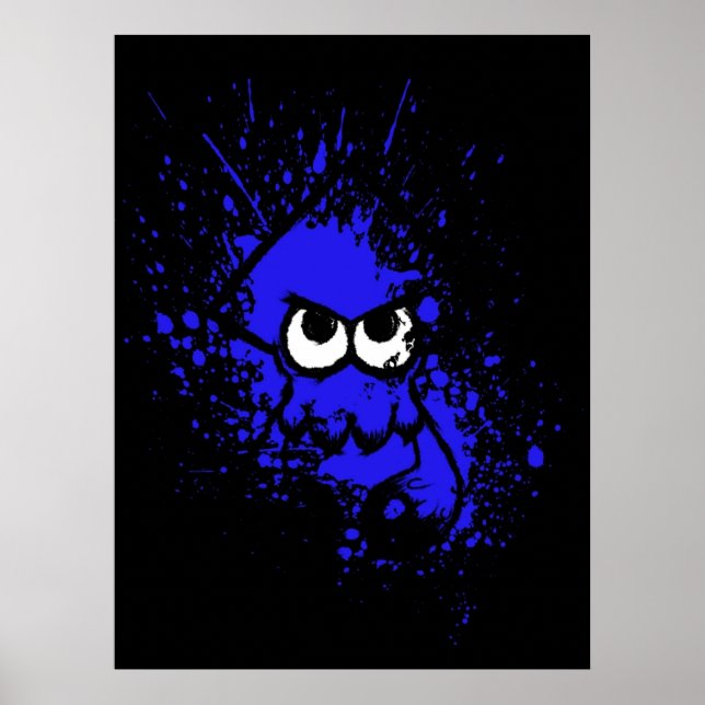 Splatoon Black Squid with Blank Eyes on Blue Splat Poster (Front)
