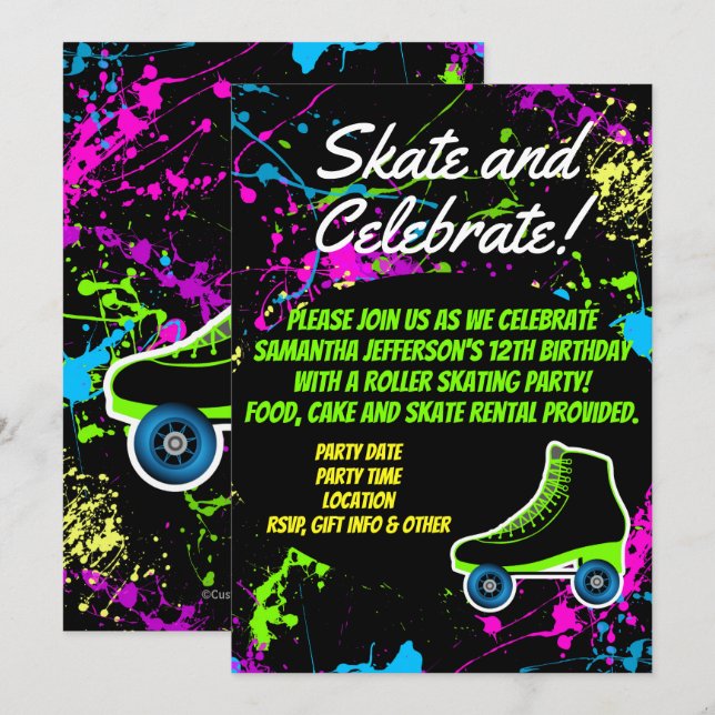 Splatter Glow Skate Roller Skating Birthday Party Invitation (Front/Back)