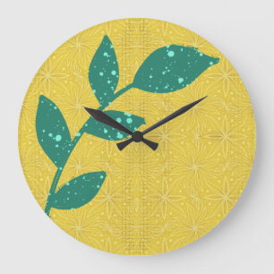 Splatter Green Leaf on Yellow Floral Wall Clock