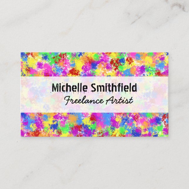 Splatter Paint Rainbow of Bright Colour Background Business Card (Front)