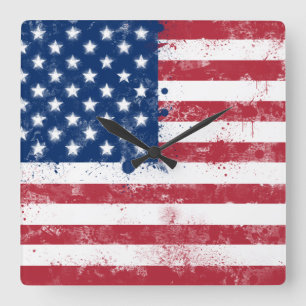 Splatter Painted American Flag Square Wall Clock