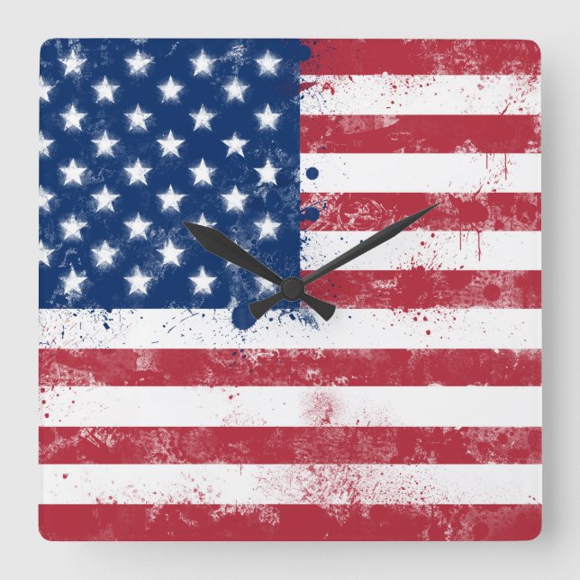 Splatter Painted American Flag Square Wall Clock (Front)