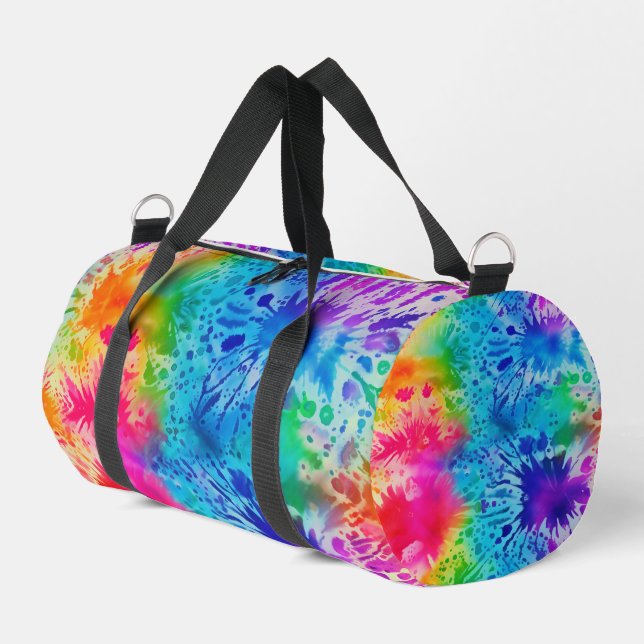 Splatter Rainbow Tie Dye monogram personalized Duffle Bag (Left Corner)