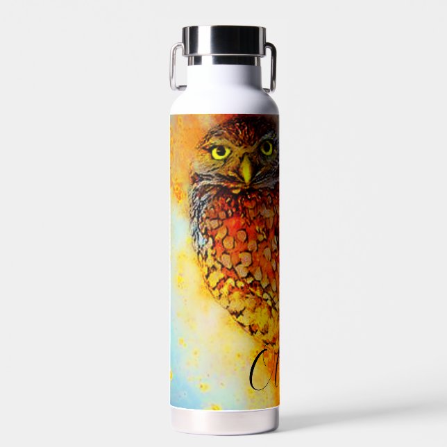 Splattered owl personalized  water bottle (Front)