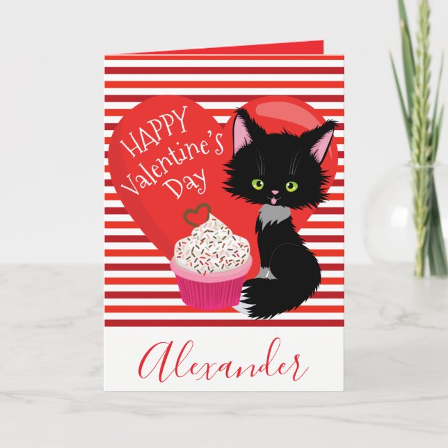 Splendid Cat Red and White Stripes Valentine’s Day Holiday Card (Front)
