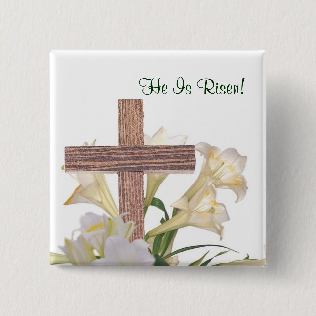 Splendid! Easter Lilies & Wooden Cross 2 Inch Square Button (Front)