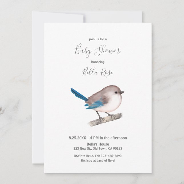 Splendid Fairy Wren Bird on Branch Invitation (Front)