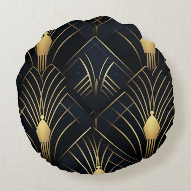 Splendid Night - Gold and Black Art Deco Round Pillow (Back)
