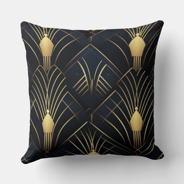 Splendid Night - Gold and Black Art Deco Throw Pillow (Back)