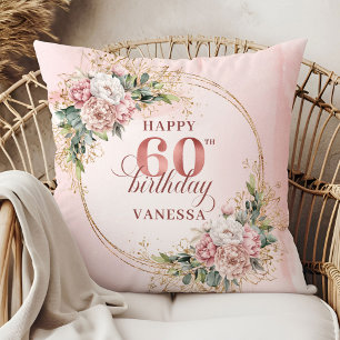 Splendid Rose Gold Floral Watercolor 60th birthday Throw Pillow