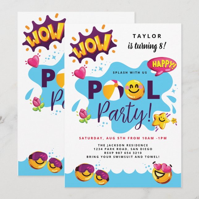 Splish Splash birthday / 3D emoji / Pool party Invitation (Front/Back)