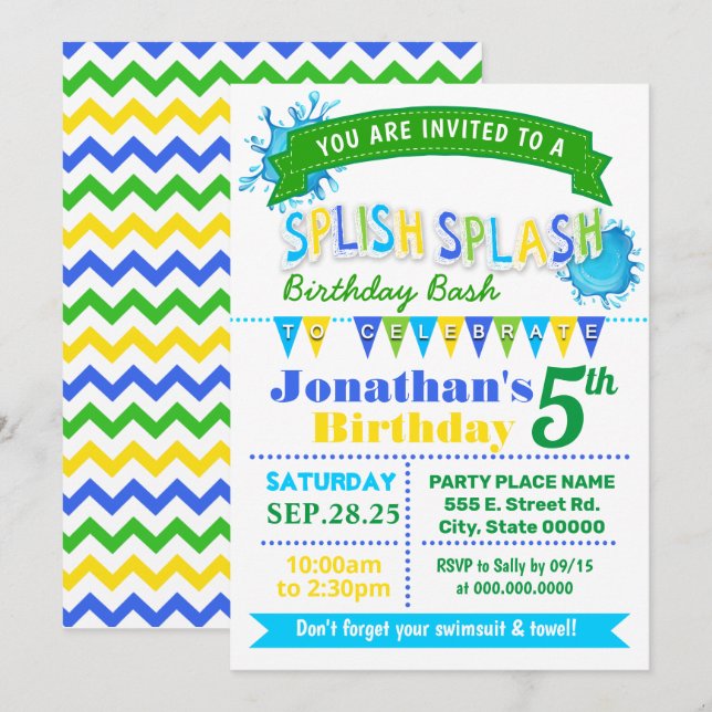 Splish splash birthday bash blue green party invitation (Front/Back)