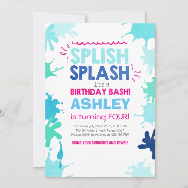 Splish Splash birthday invitation Girl (Front)