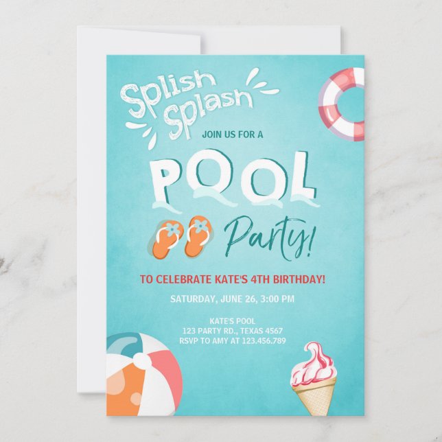 Splish Splash birthday invitation Pool party (Front)
