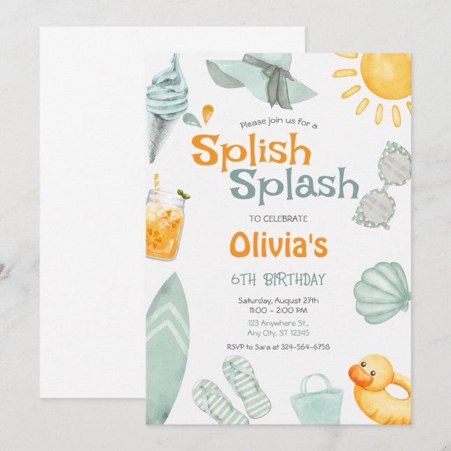 Splish Splash Birthday  Pool Party  Invitation (Front/Back)