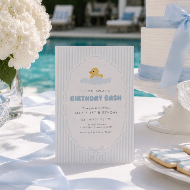 Splish Splash Blue Rubber Duck 1st Birthday Invitation (Creator Uploaded)
