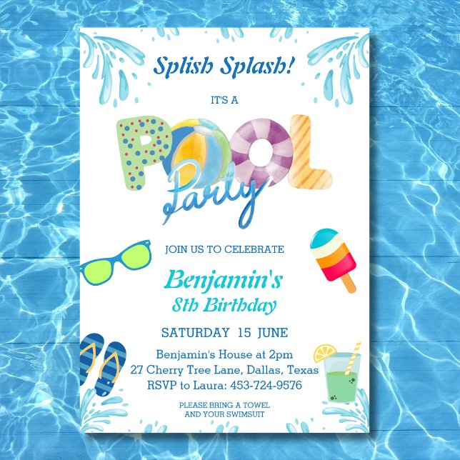 Splish Splash Boys Birthday Pool Party Invitation (Creator Uploaded)