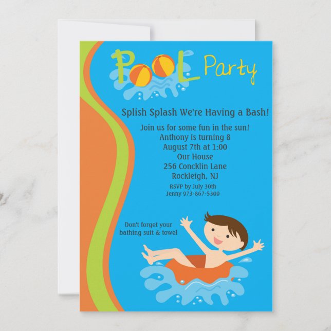 Splish Splash Boys Pool Party Birthday Invite (Front)
