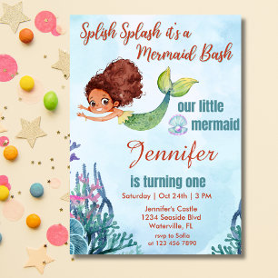 Splish Splash Brown Mermaid Bash Girl 1st Birthday Invitation