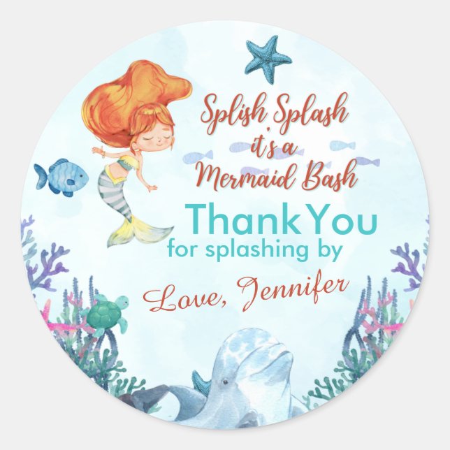 Splish Splash Brown Mermaid Bash Thank You Classic Round Sticker (Front)