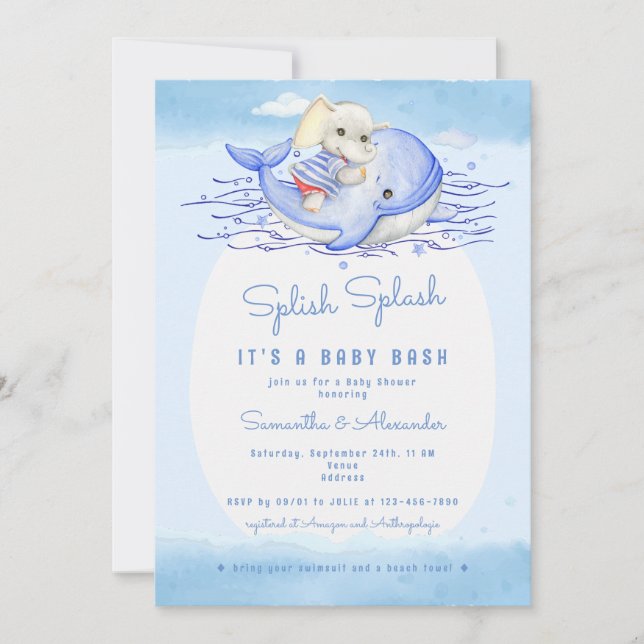  Splish Splash Elephant Boy Pool Party Baby Shower Invitation (Front)