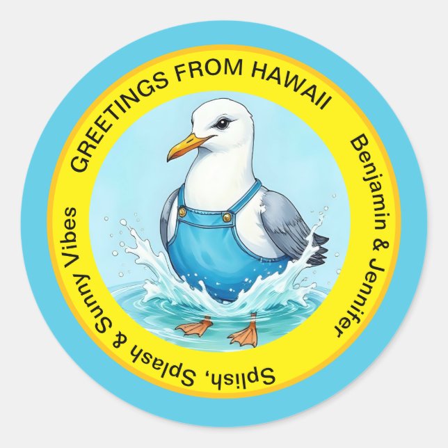 Splish Splash fun Seagull summer Hawaii greetings Classic Round Sticker (Front)
