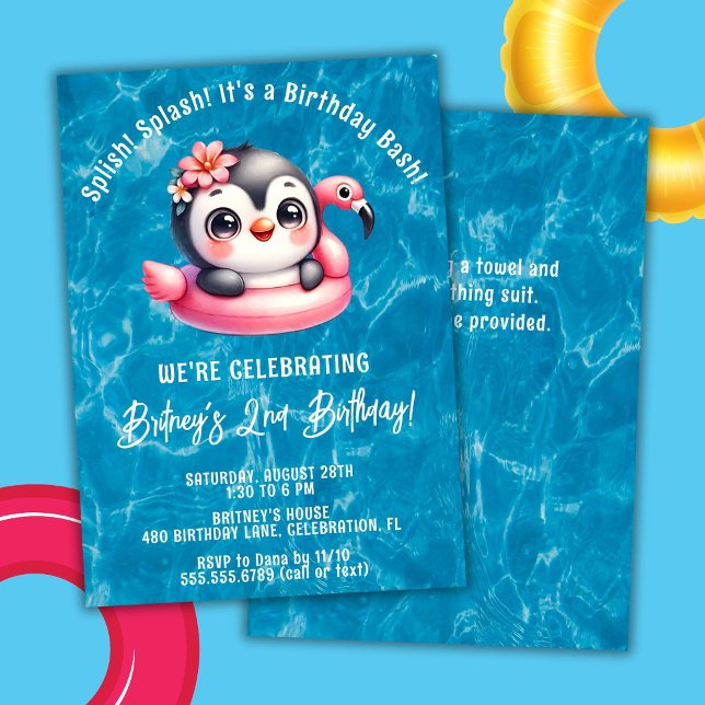 Splish Splash Girl Penguin Pool Birthday Party Invitation (Creator Uploaded)