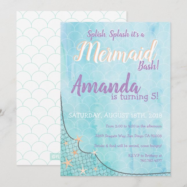Splish Splash It's a Mermaid Bash Birthday Theme Invitation (Front/Back)