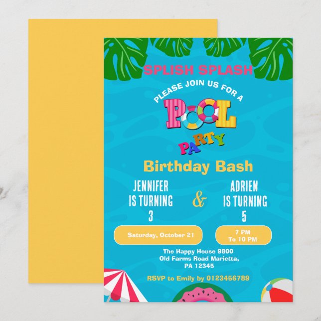 Splish Splash Joint Pool Party Birthday Invitation (Front/Back)