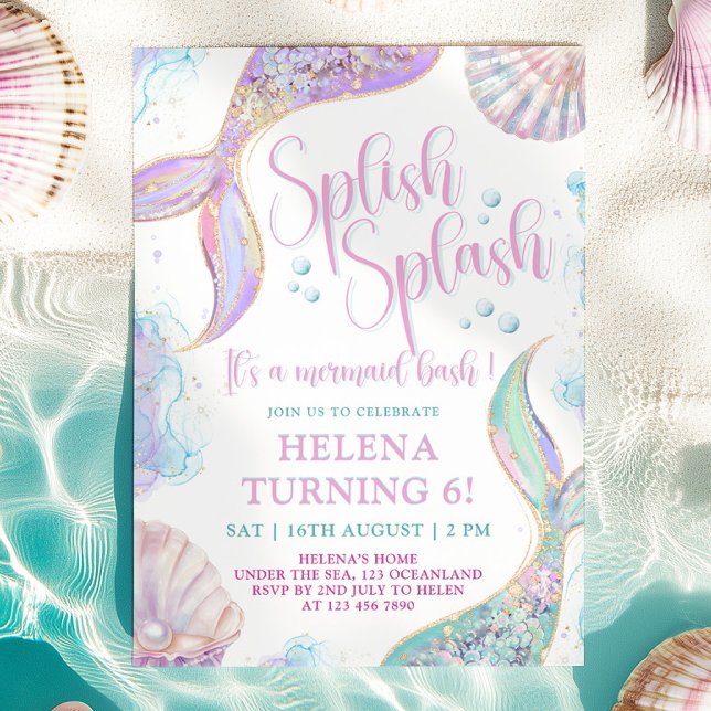 Splish Splash Mermaid 6e invitation anniversaire (Créateur téléchargé)