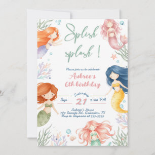 Splish Splash Mermaid 6th Birthday Invitation