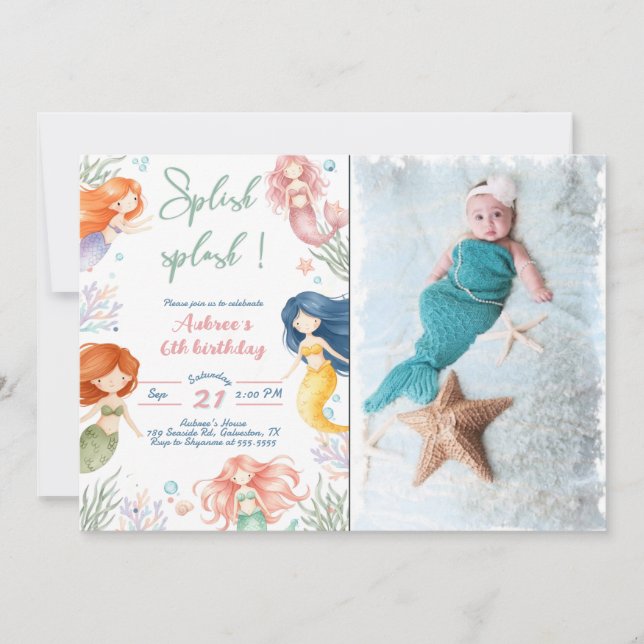 Splish Splash Mermaid 6th Birthday Invitation (Front)