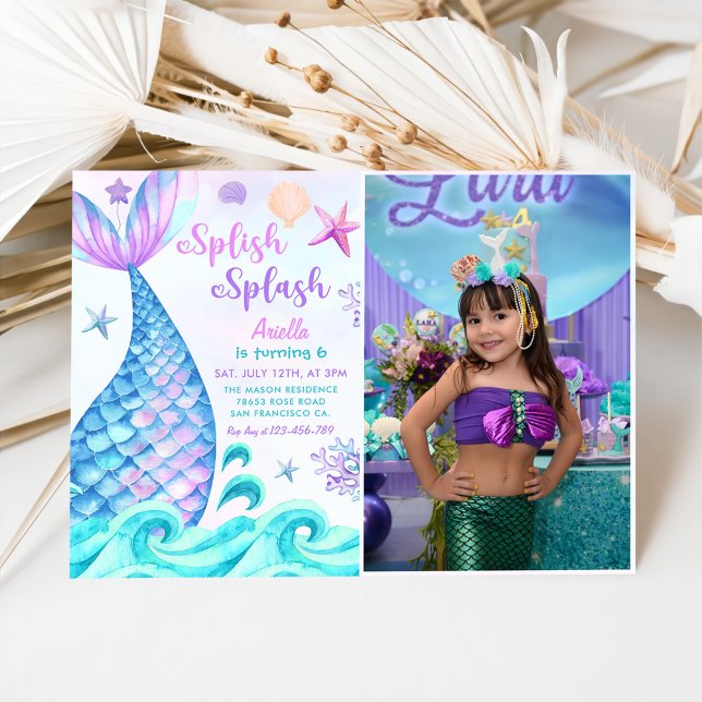 Splish Splash Mermaid 6th Birthday Party Photo Invitation (Creator Uploaded)