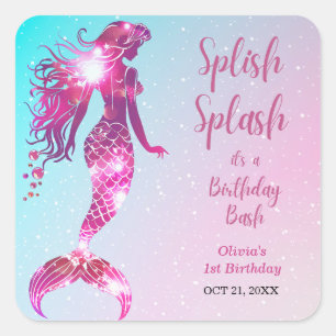 Splish Splash Mermaid Baby Girl 1st Birthday  Square Sticker