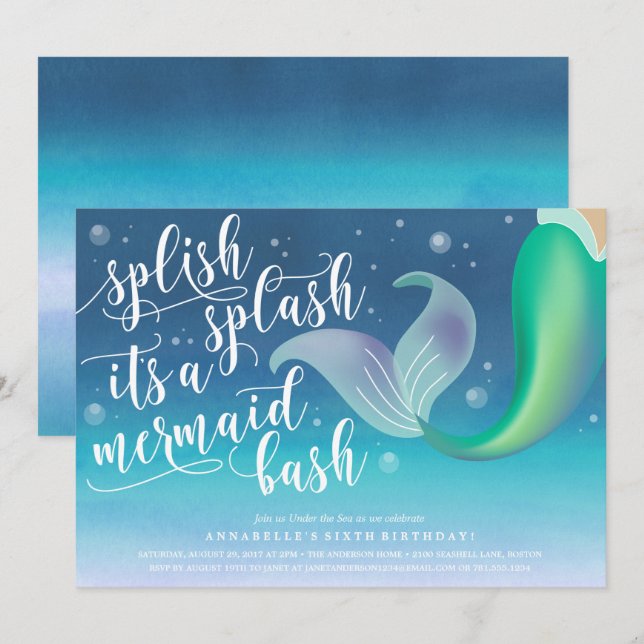 Splish Splash Mermaid Bash Birthday Invitation (Front/Back)