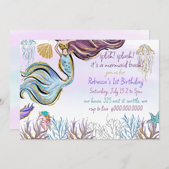Splish Splash Mermaid Bash Birthday Party Invitation (Front/Back)