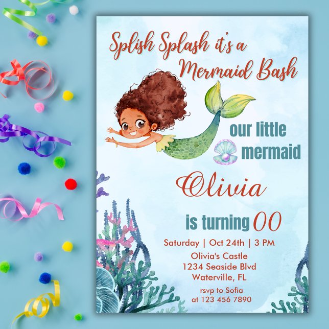 Splish Splash Mermaid Bash Brown Any Age birthday  Invitation (Creator Uploaded)