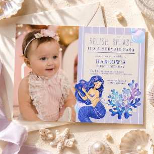 Splish Splash Mermaid Bash First Birthday Photo Invitation