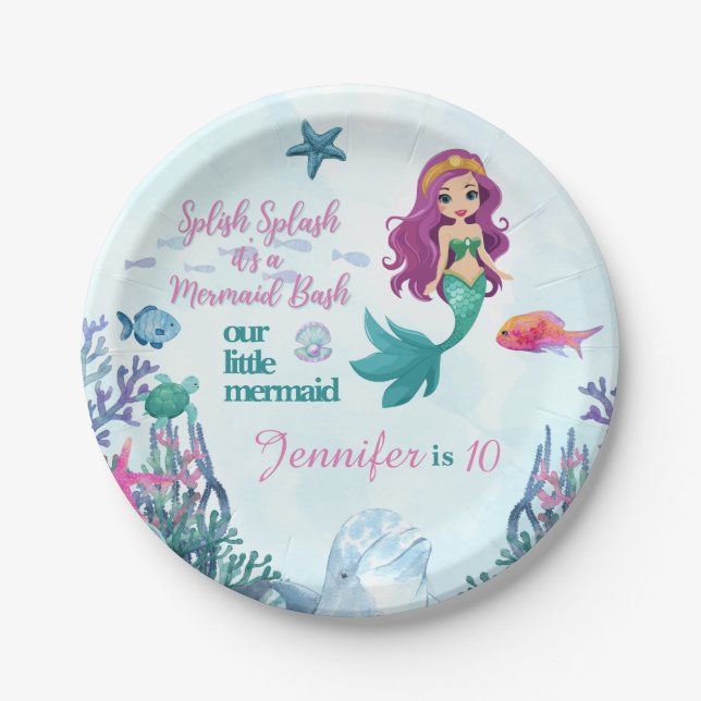 Splish Splash Mermaid Bash Girls Birthday Party Paper Plate (Front)
