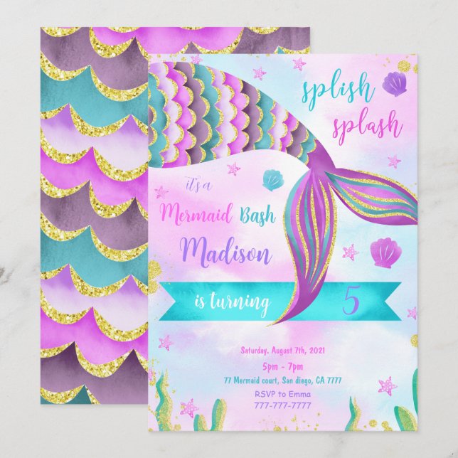 Splish Splash Mermaid Birthday Invitation (Front/Back)