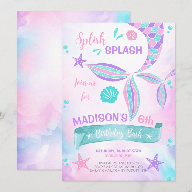 Splish Splash Mermaid Birthday Invitation (Front/Back)
