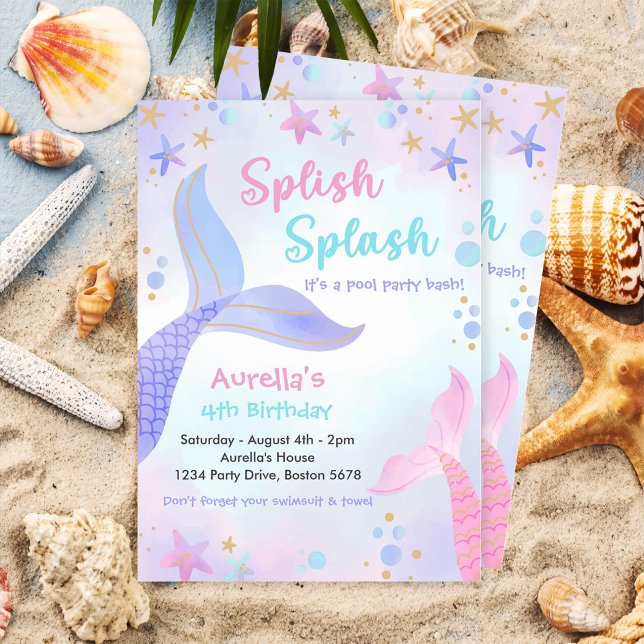 Splish Splash Mermaid Girl 4th Birthday Party Invitation (Creator Uploaded)