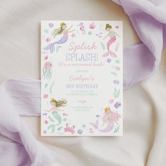 Splish Splash Mermaid Girls Birthday Purple Invitation
