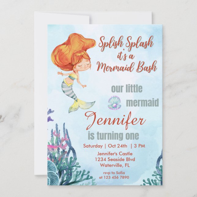 Splish Splash Orang Mermaid Bash 1st Birthday Girl Invitation (Front)