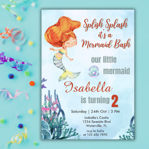 Splish Splash Orang Mermaid Bash 2nd Birthday Girl Invitation